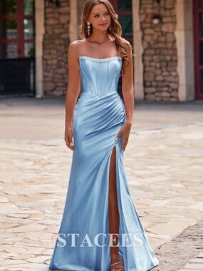 Prom Gown Strapless Light Blue Satin Gown with Side Slit